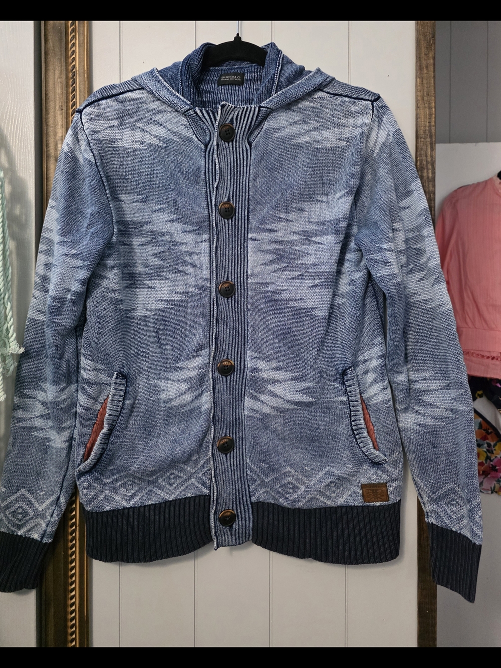 Buffalo David Bitton Blue Aztec Hooded Button Cardigan